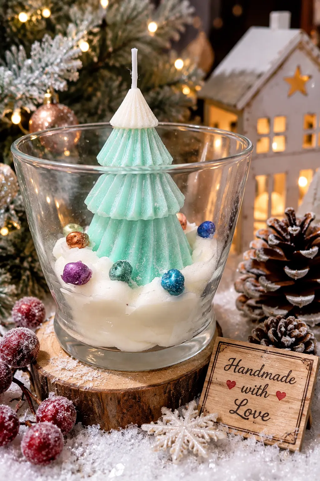 Snow Globe Tree Candle handmade soy candle with Christmas tree design
