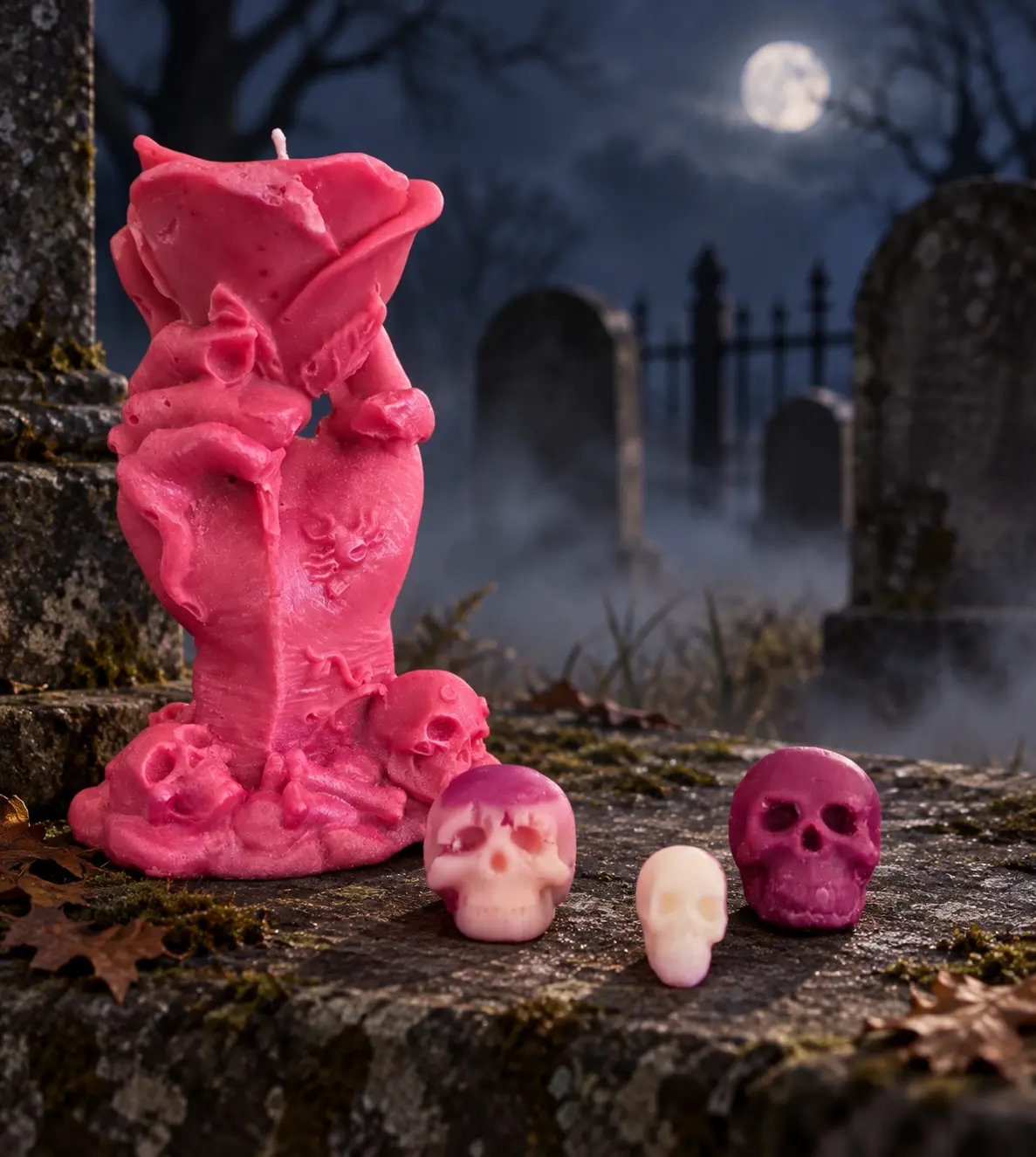 Skeleton hand sculpture cradling a rose candle surrounded by roses and skulls.