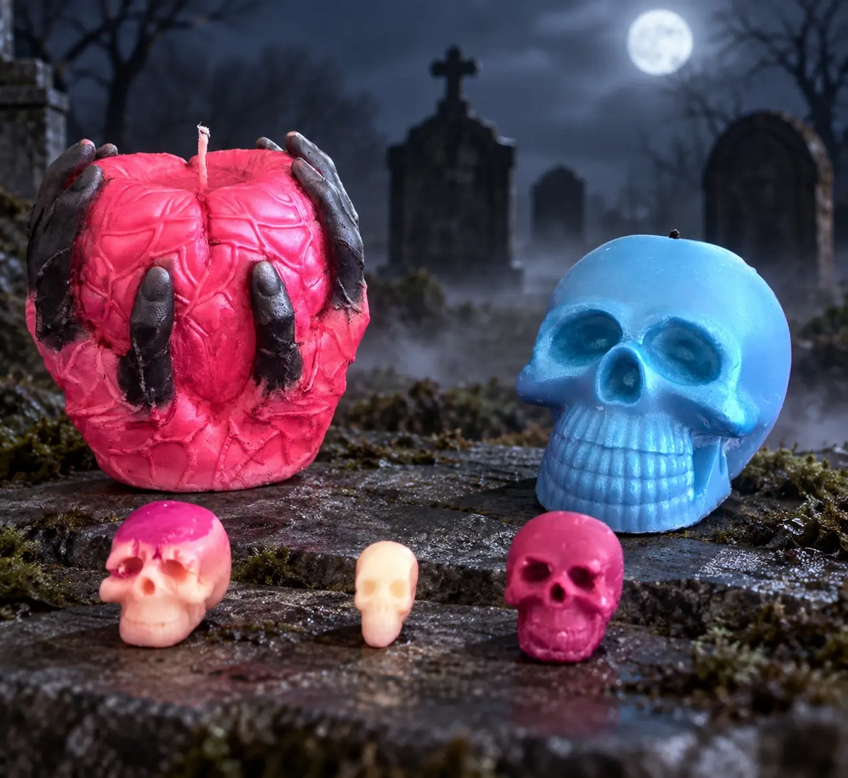 Halloween candle bundle featuring a red demon claw pumpkin candle and a blue skull candle with mini skull candles, set in a spooky graveyard scene