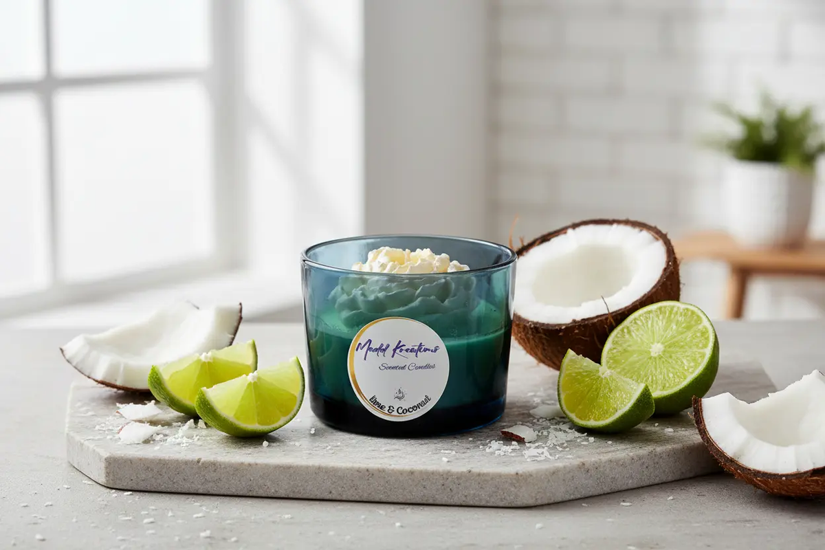 Hand-poured soy candle in thick glass vessel with lime and coconut fragrance.