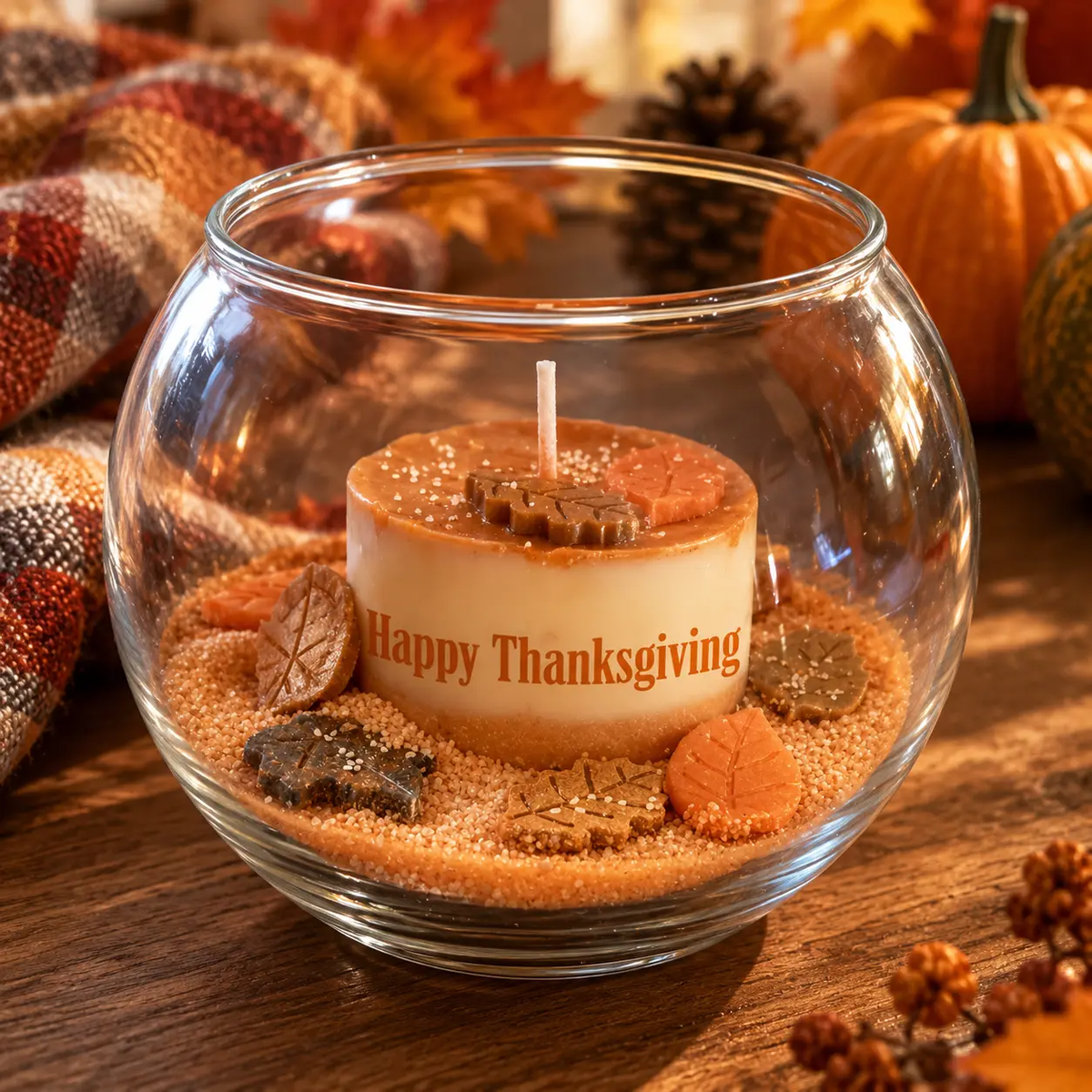 Happy Thanksgiving fall bowl soy candle with autumn leaf decorations