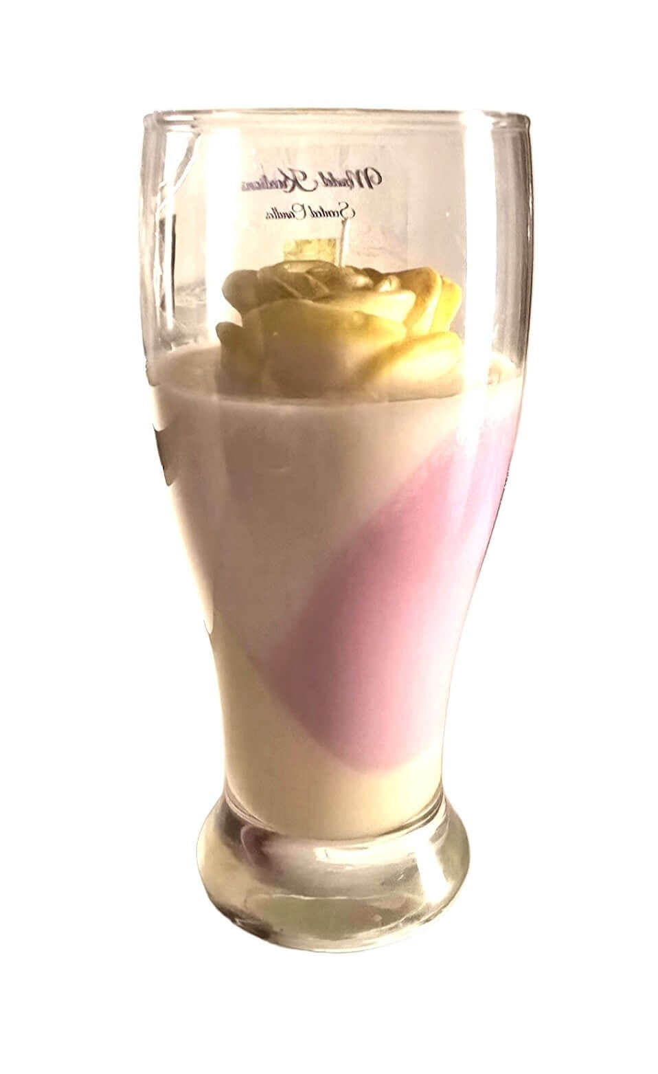 Lemon Verbena — 18oz Pilsner Glass Candle with creamy white wax and pink swirl topped with a golden flower.