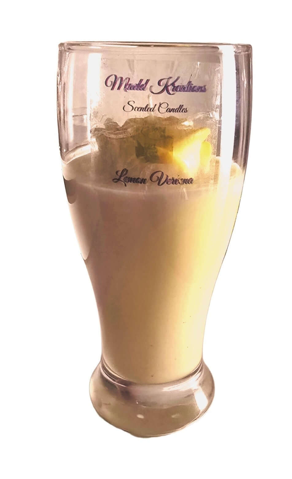 Lemon verbena candle 18oz in a pilsner glass with creamy wax and garnished with a golden flower.