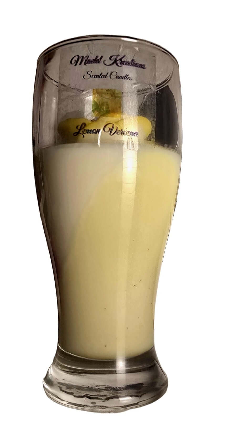 Lemon Verbena — 18oz Pilsner Glass Candle featuring creamy white wax and a decorative golden flower.