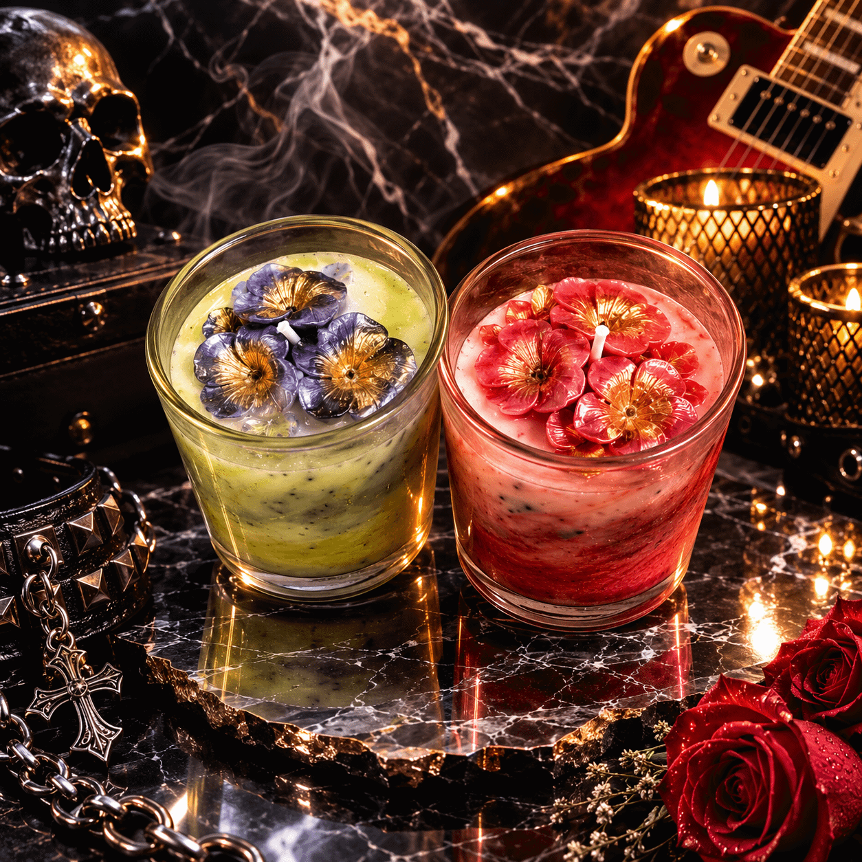 Black Violet & Saffron Candle Set - Gothic scene