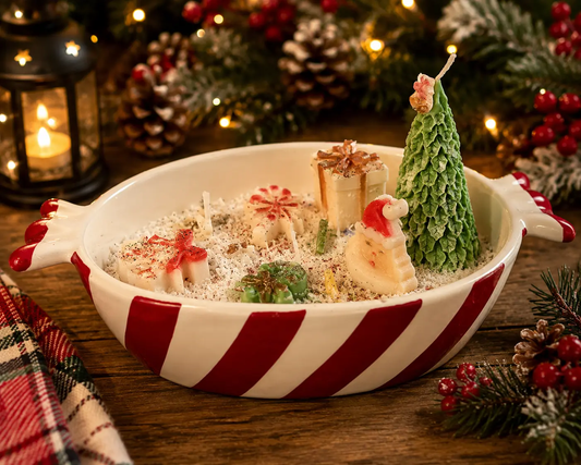Candy Cane Bowl soy candle with Christmas tree, Santa and holiday scene embellishments