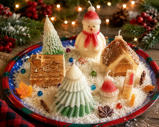 Village Tray soy candle with Christmas trees, snowman, gingerbread houses and holiday scene