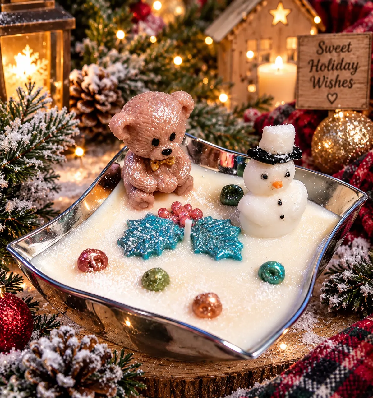 Sweet Holiday Wishes soy candle with teddy bear, snowman and holiday embellishments