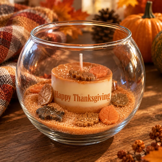 Happy Thanksgiving fall bowl soy candle with autumn leaf decorations