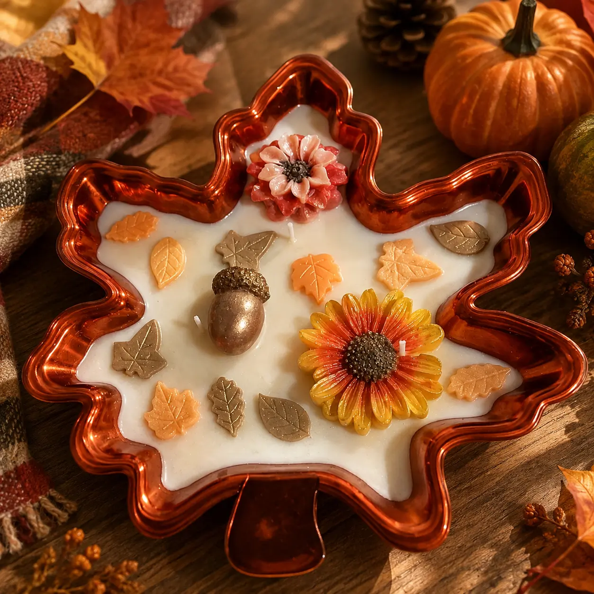 Autumn leaf tray soy candle with sunflowers, acorns and fall leaf embellishments