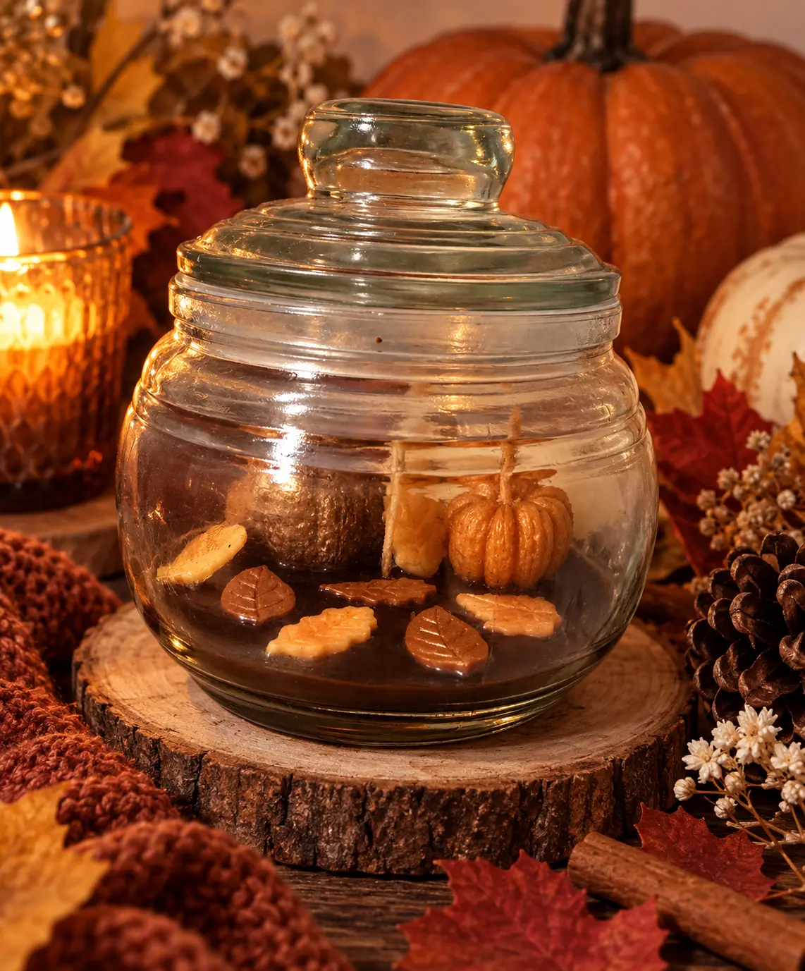 Maple Harvest Bowl soy candle in glass jar with pumpkin and leaf decorations