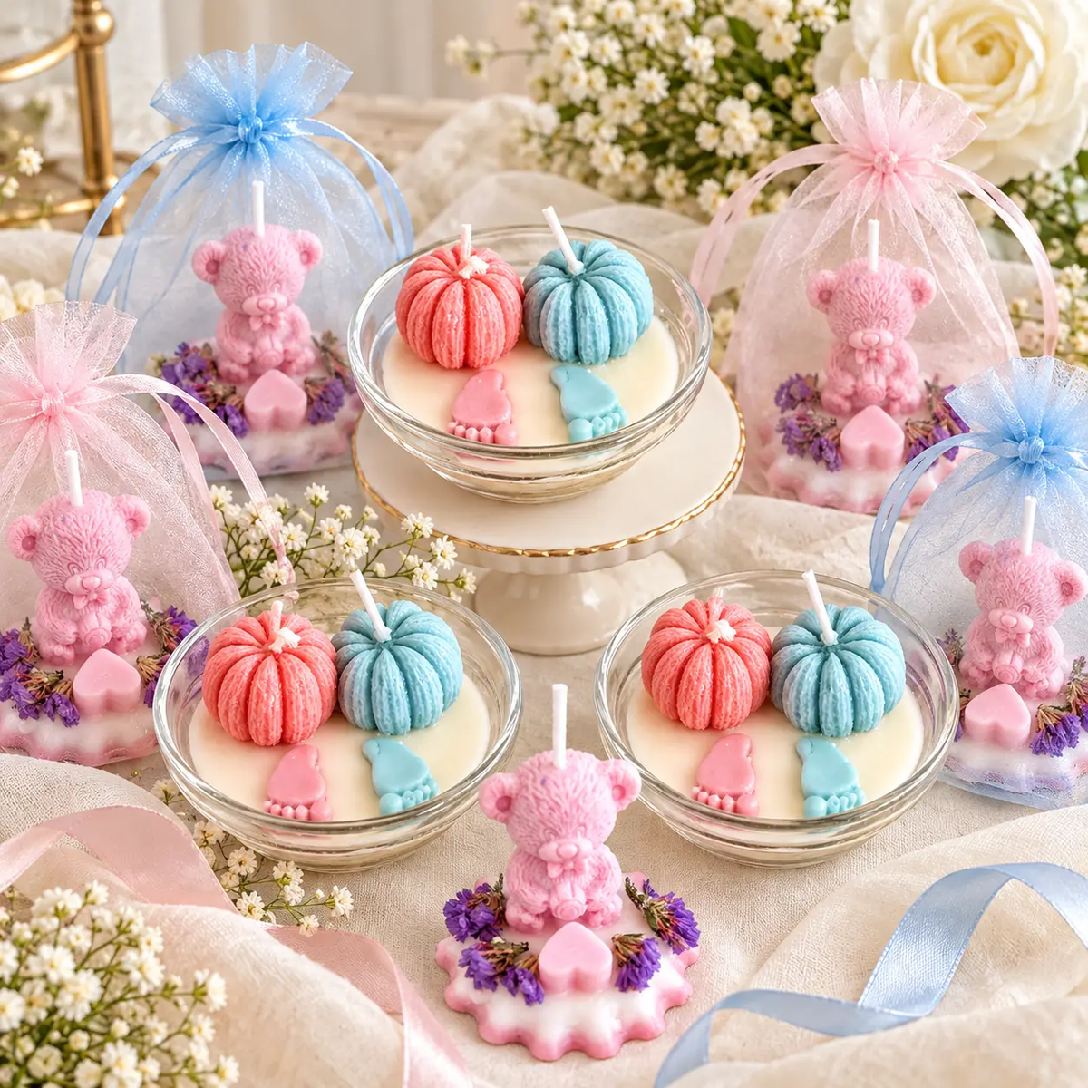 Handcrafted soy candle baby shower favors in gift-ready packaging from My Madd Kreations