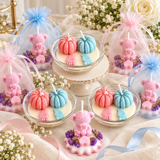 Handcrafted soy candle baby shower favors in gift-ready packaging from My Madd Kreations