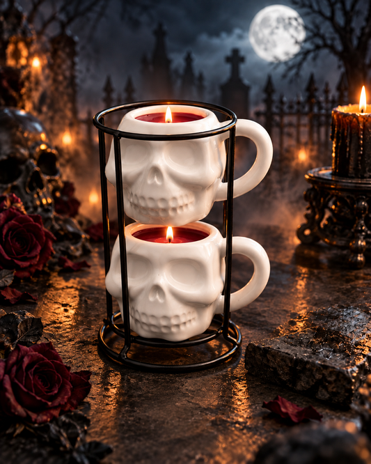 Two lit white skull mug candles stacked in a black metal display stand