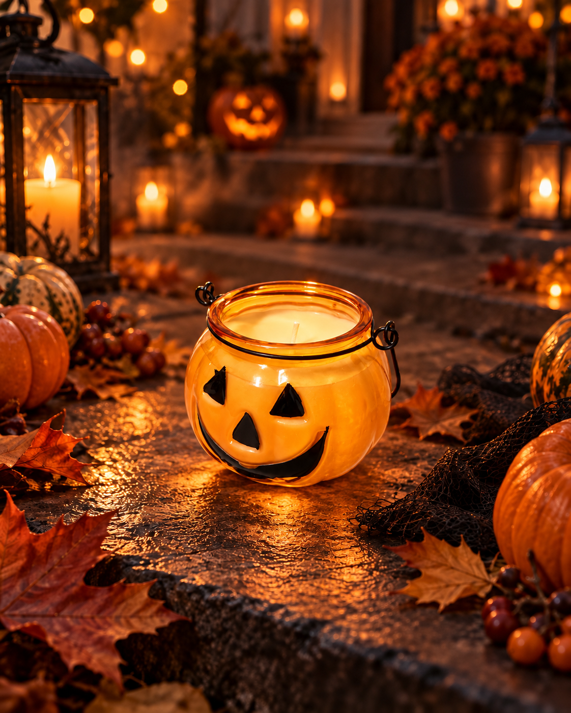 Glowing jack-o'-lantern jar candle among pumpkins and autumn leaves