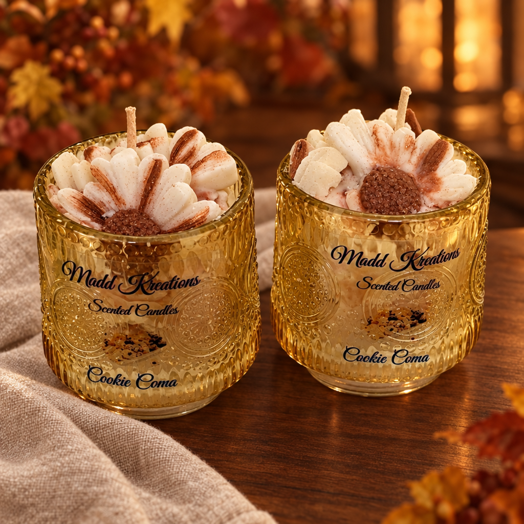 Cookie Coma two-candle set in a warm fall scene