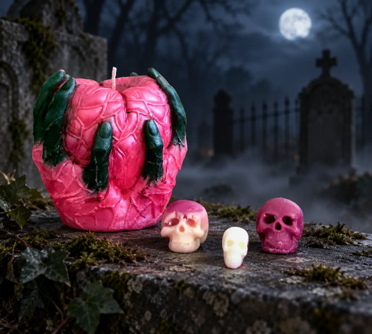 Handcrafted soy candle sculpted into an anatomical heart shape gripped by blue hands.