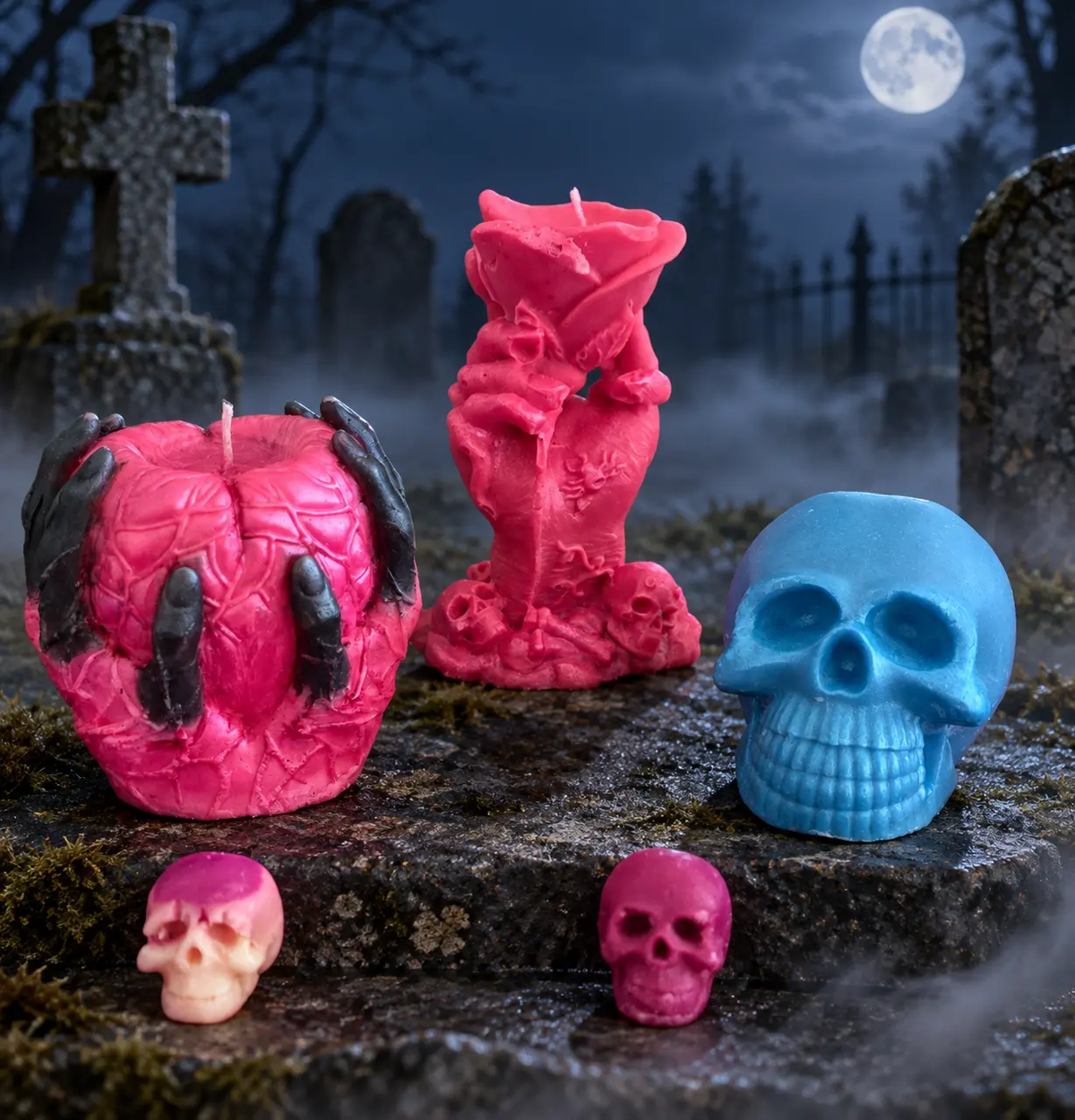Halloween 3-candle bundle featuring a red demon claw pumpkin candle, a pink witch figure candle, and a blue skull candle set in a spooky graveyard scene