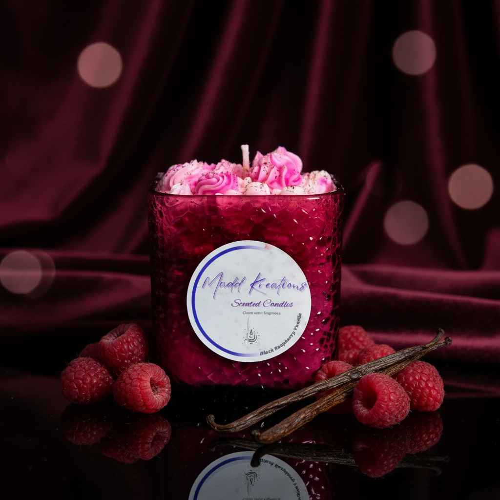 Black Raspberry Vanilla candle styled scene with raspberries and vanilla pods