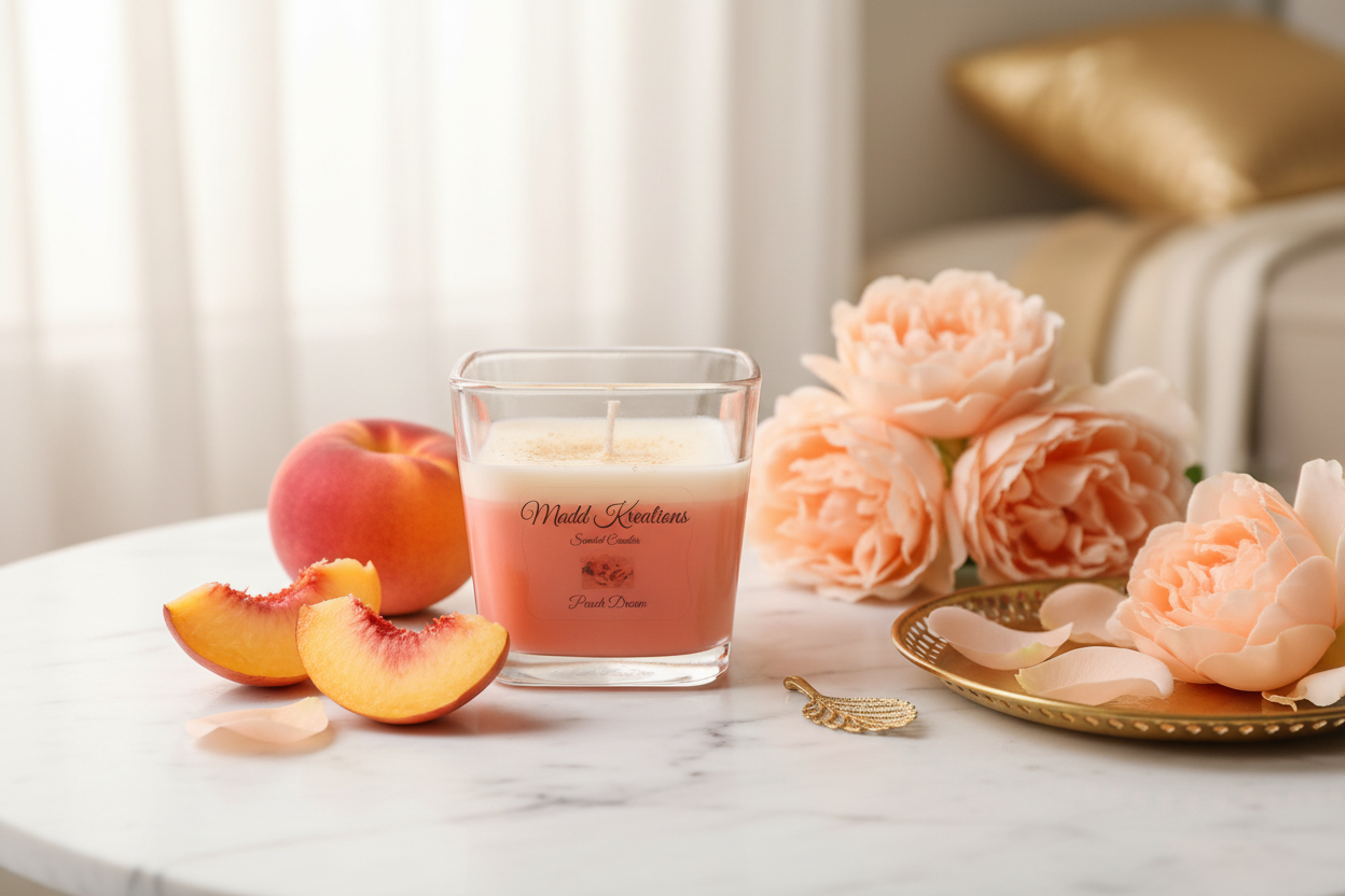 Madd Kreations Peach Dream candle on marble surface with peach roses and fresh peaches