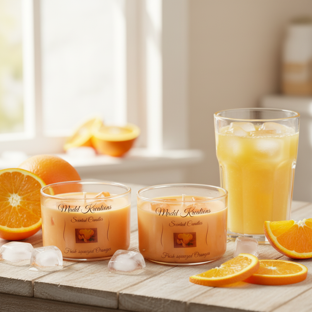 Fresh Squeezed Oranges candle set styled scene with fresh oranges, orange juice and ice cubes