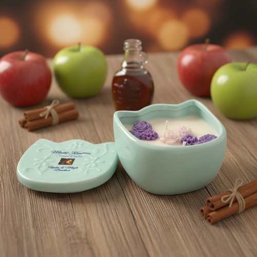 Apples and Maple Bourbon candle styled scene with fresh apples, maple syrup and autumn accents