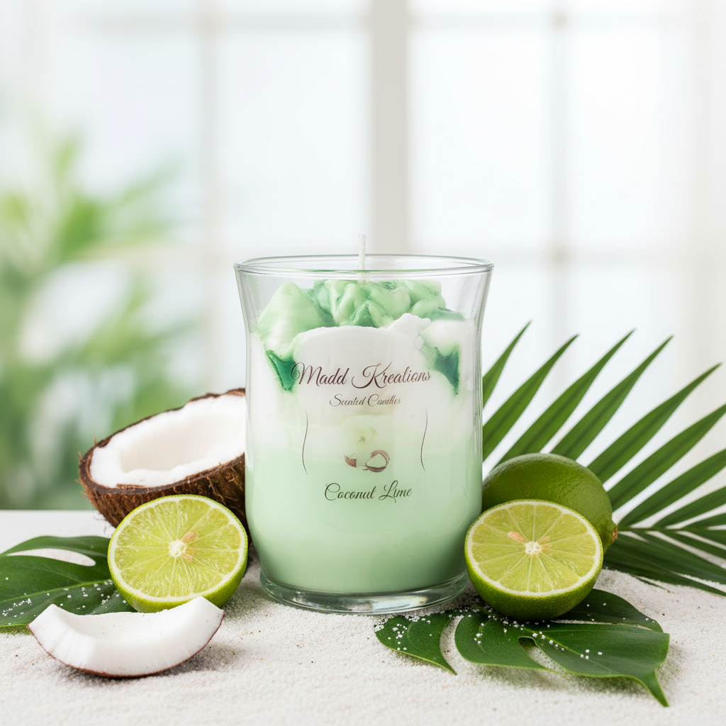 Coconut Lime candle styled scene with fresh limes, coconut and tropical leaves