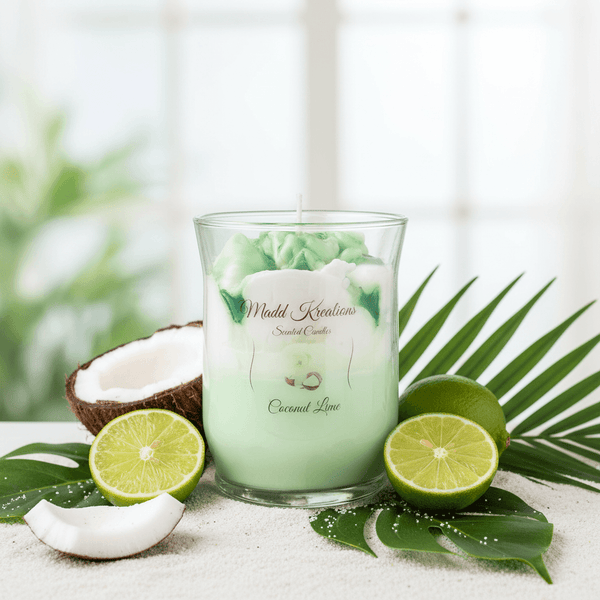 Coconut Lime candle styled scene with fresh limes, coconut and tropical leaves