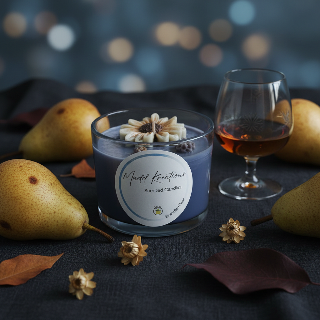 Brandied Pear candle styled scene with golden pears, brandy glass and dried flowers