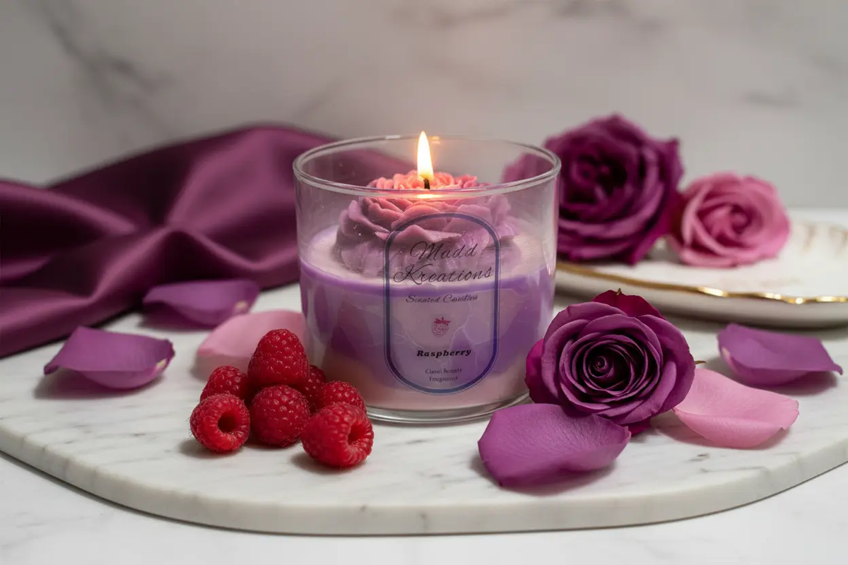 Hand-poured soy candle with raspberry rose scent in elegant glass jar.