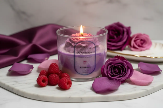 Hand-poured soy candle with raspberry rose scent in elegant glass jar.