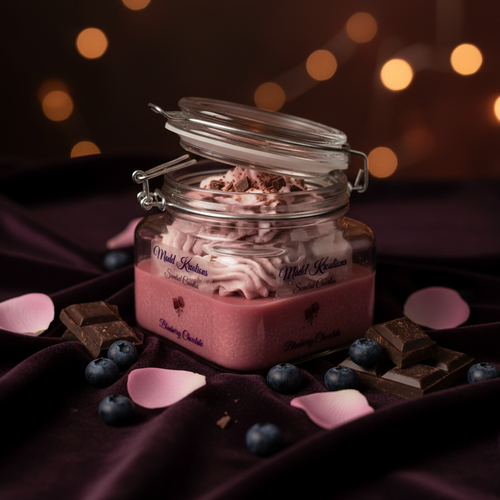 Blueberry Chocolate candle styled scene with fresh blueberries dark chocolate and pink rose petals