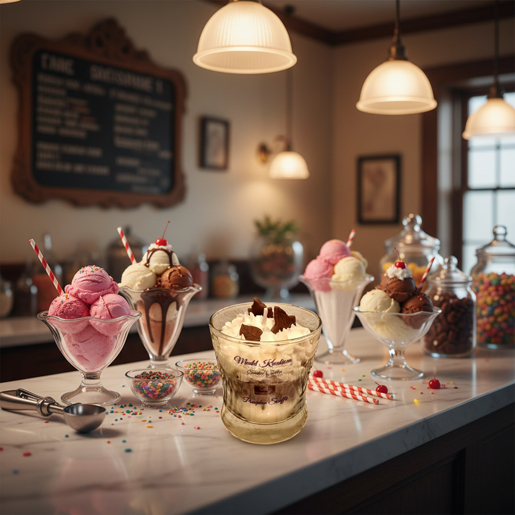 Pumpkin Soufflé Dessert Candle in a vintage ice cream parlor lifestyle scene
