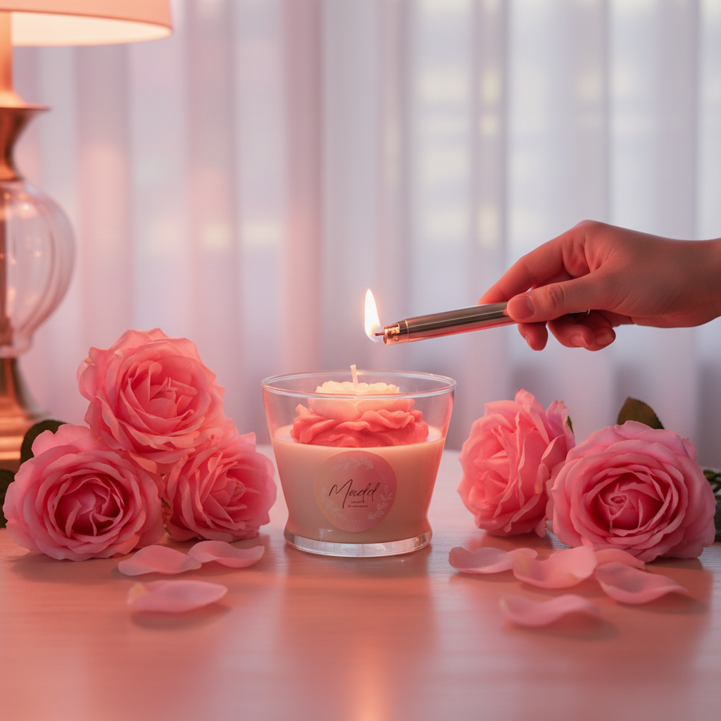 Rose Candle lifestyle scene with fresh pink roses and petals