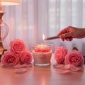 Rose Candle lifestyle scene with fresh pink roses and petals