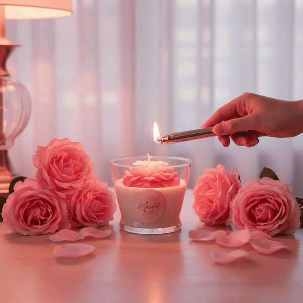 Hand lighting a custom scented candle surrounded by pink and white rose flowers, creating a romantic ambiance.
