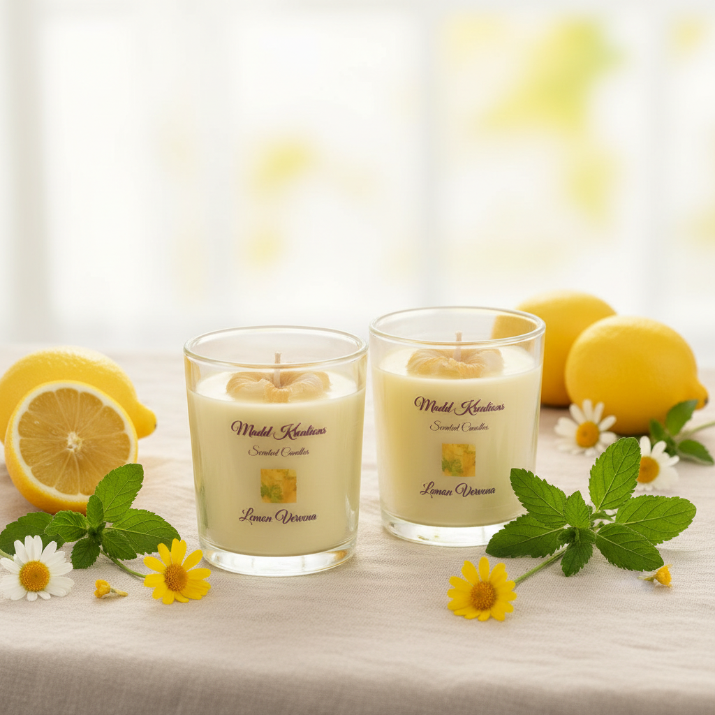 Lemon Verbena candle set styled scene with fresh lemons, verbena sprigs and soft natural light