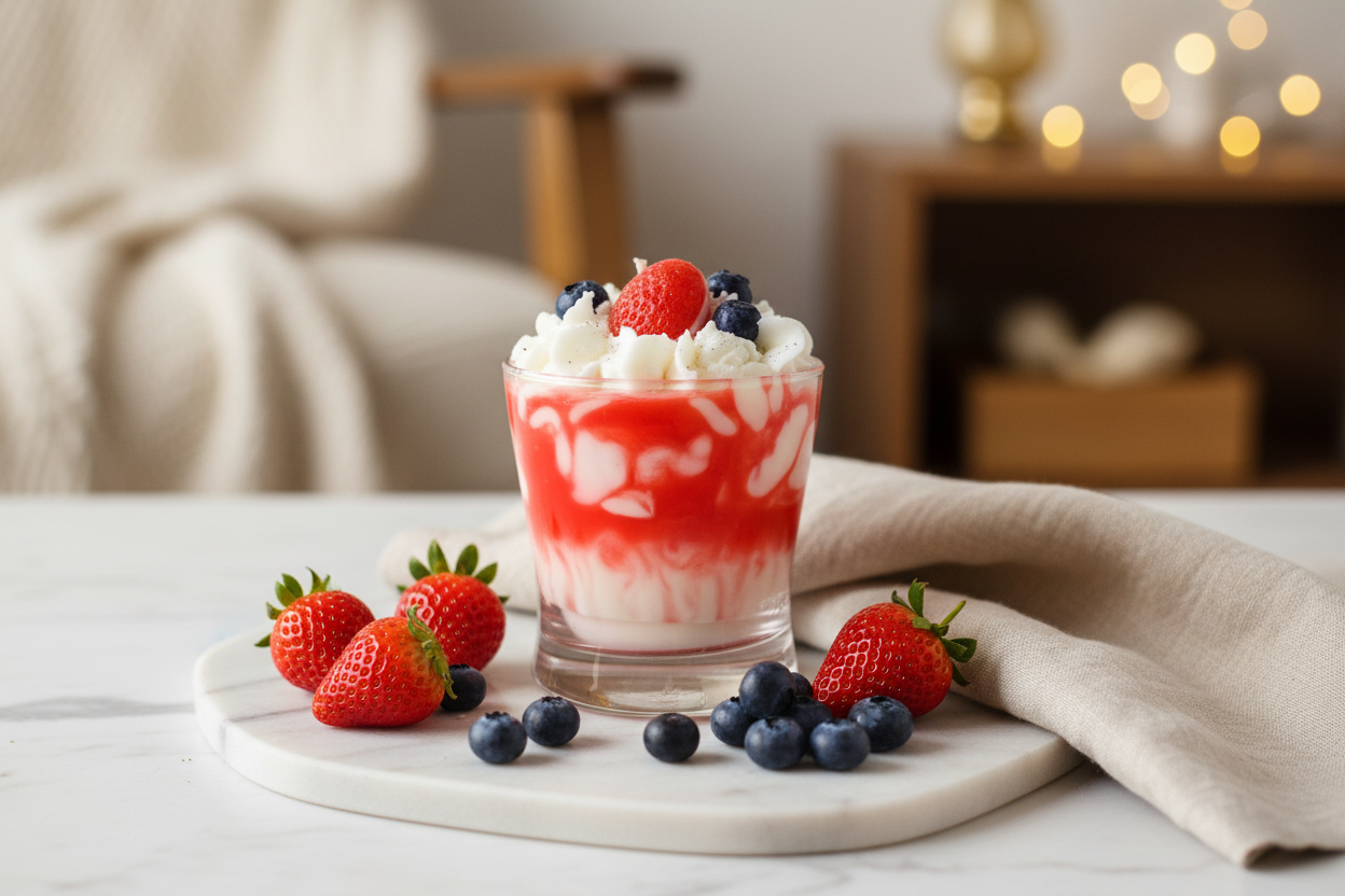 Strawberries and Cream scented candle in a clear glass vessel on a marble surface with fresh berries