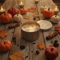 Pumpkin Soufflé scented candle surrounded by pumpkins and autumn leaves, creating a cozy fall atmosphere.