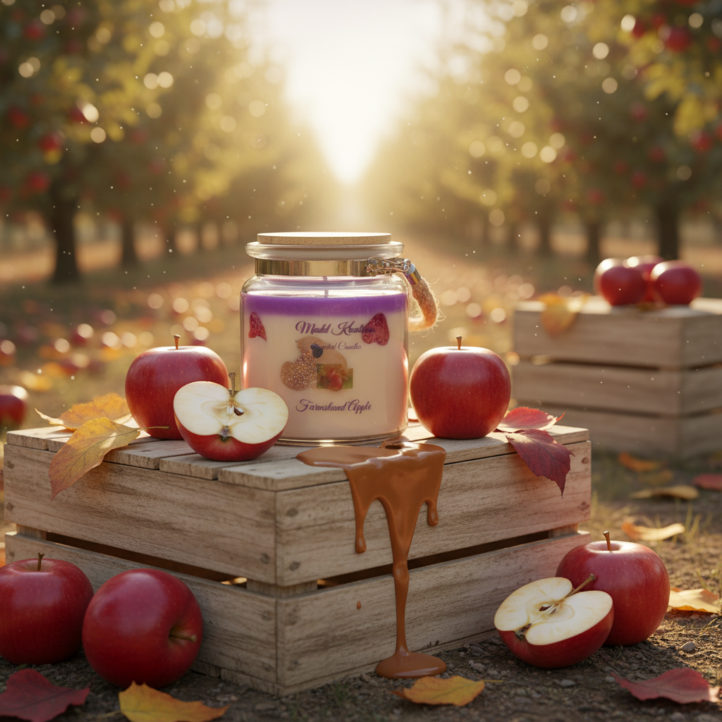 Caramelized Apple Jelly Heart Candle in a rustic apple orchard lifestyle scene