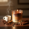Fresh Coffee candle styled scene with coffee beans, espresso cup and warm golden light