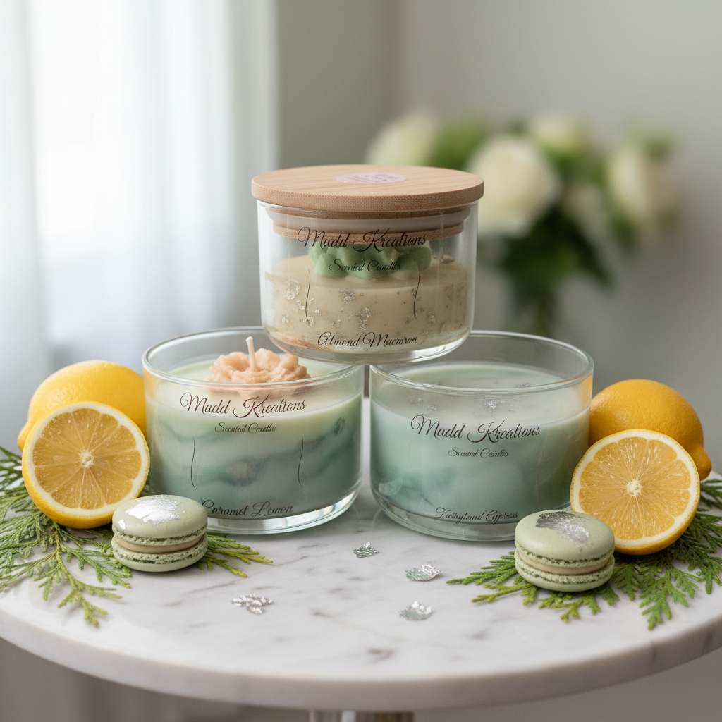 Almond Macaron Caramel Lemon and Fairyland Cypress candle set styled scene with macarons lemons and cypress branches