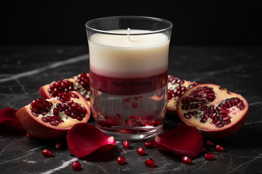 Madd Kreations Pomegranate Lava Candle on dark marble with fresh pomegranate and rose petals