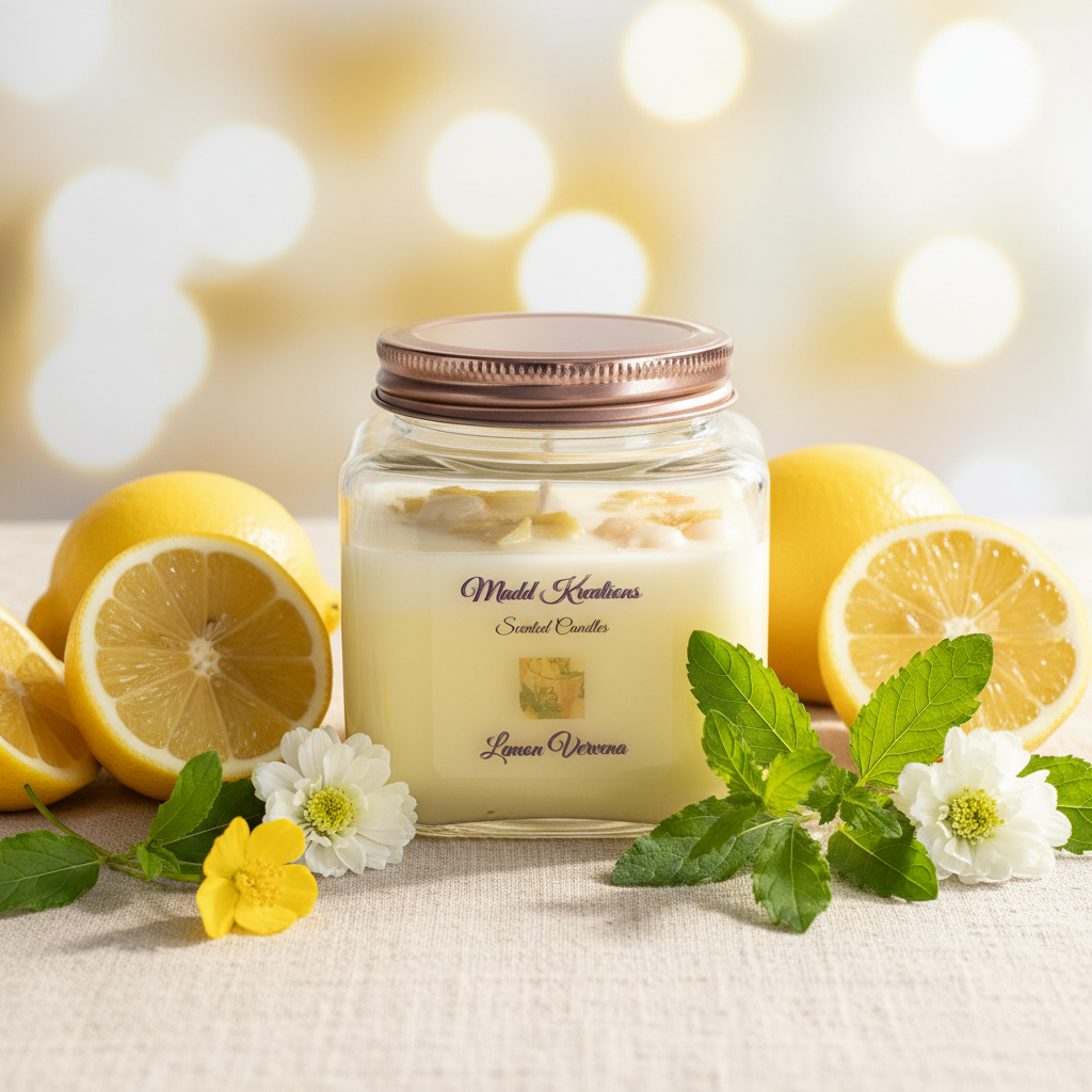 Lemon Verbena candle styled scene with fresh lemons, verbena sprigs and soft natural light