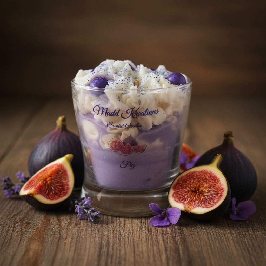 Fig Candle lifestyle scene with fresh figs and purple flowers