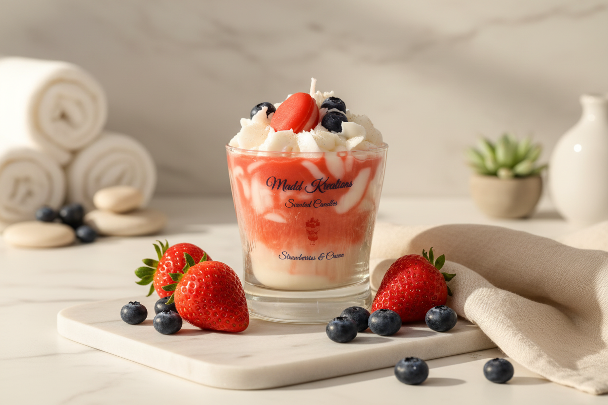Madd Kreations Strawberries & Cream candle on marble surface with fresh strawberries and blueberries
