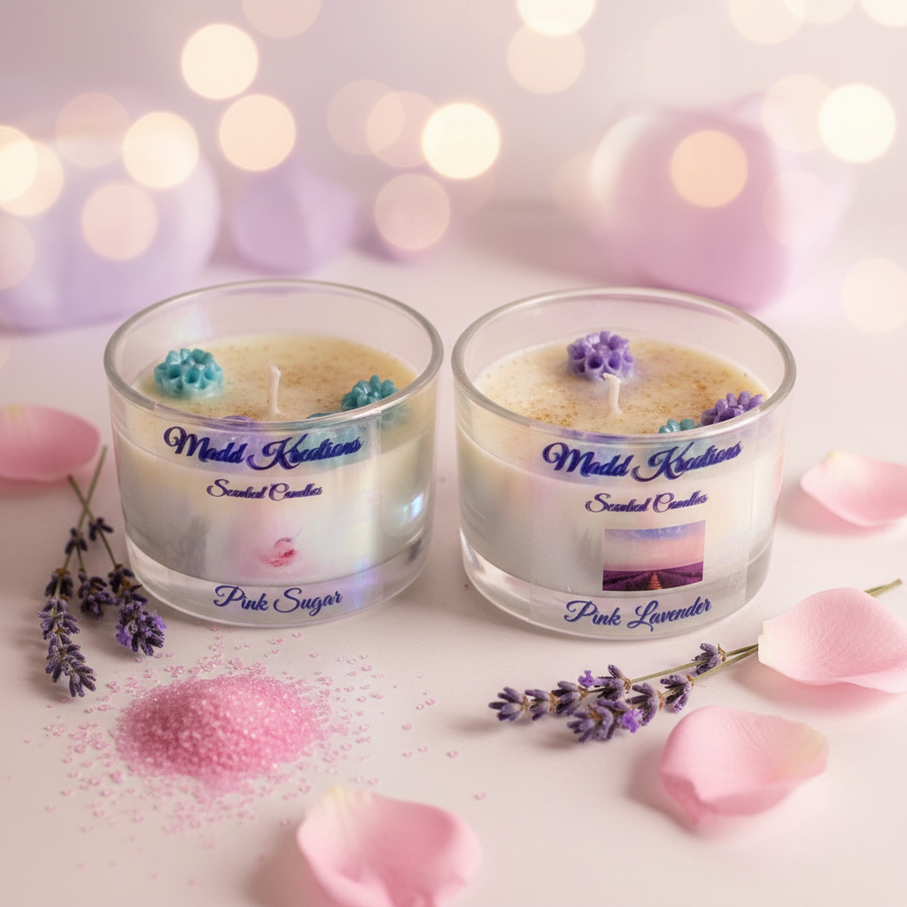Pink Sugar and Pink Lavender candle set styled scene with lavender sprigs and sugar crystals