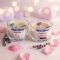 Pink Sugar and Pink Lavender candle set styled scene with lavender sprigs and sugar crystals