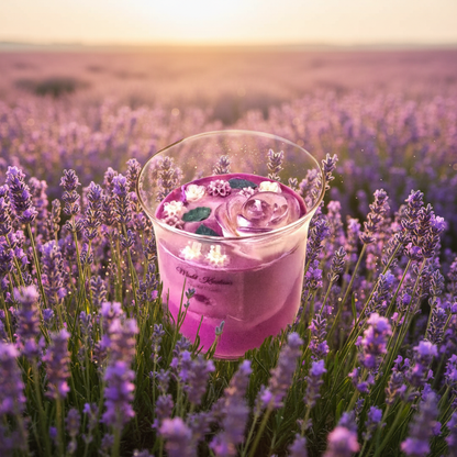 Lavender Fields Luxury Candle in a blooming lavender field lifestyle scene
