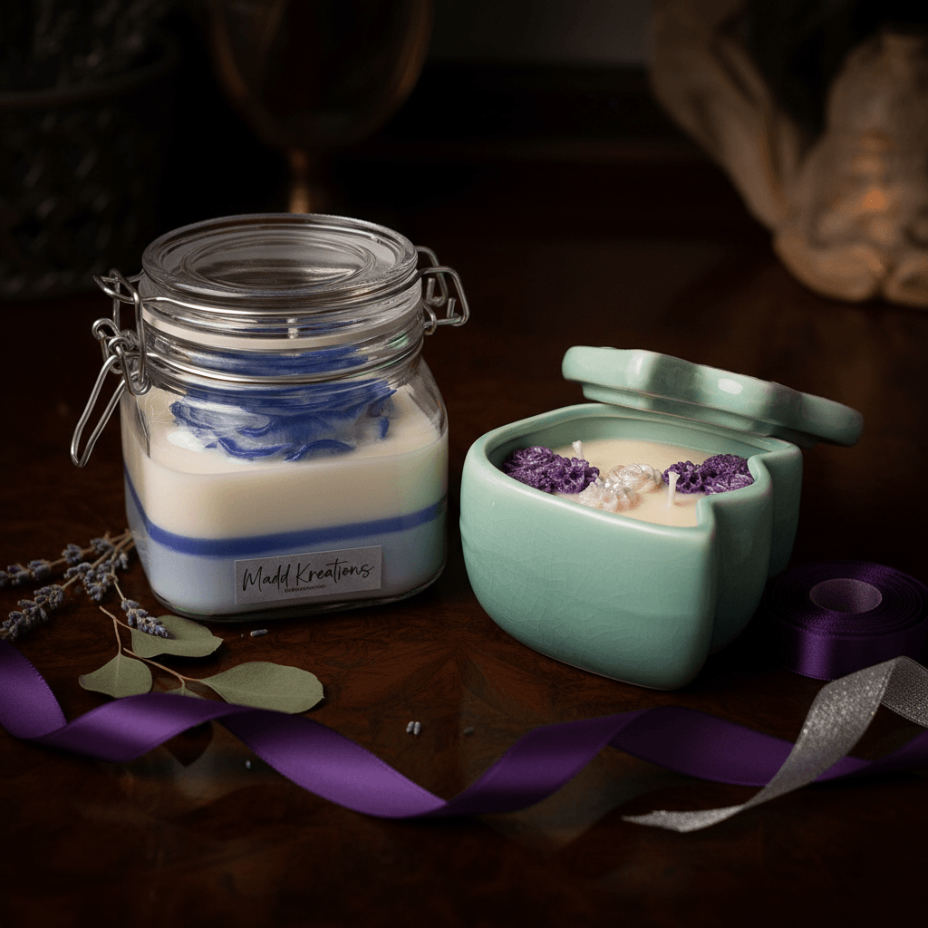 Large Candle Bundle - blue rose square jar and tulip ceramic